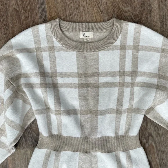 Lena thick beige Neutral Plaid Sweater Dress Size S Cozy Cottagecore - Picture 3 of 6